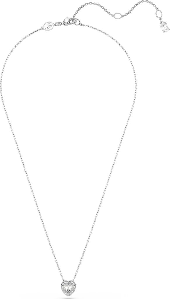 A silver necklace with a heart-shaped pendant is displayed on a white background.