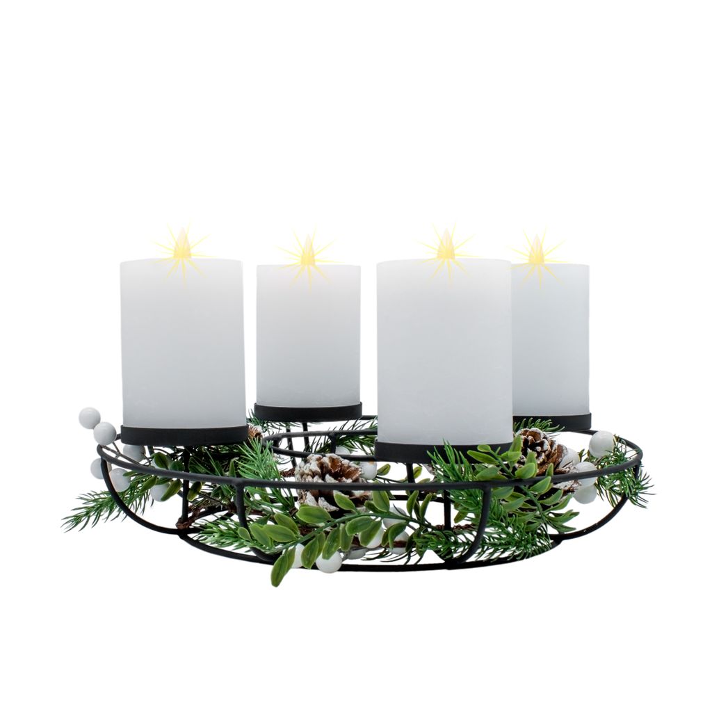 1.10 Adventskranz in schwarz mit Deko und 4 LED Kerzen - ca. Ø 33 cm x 12,5 cm - mit Timer