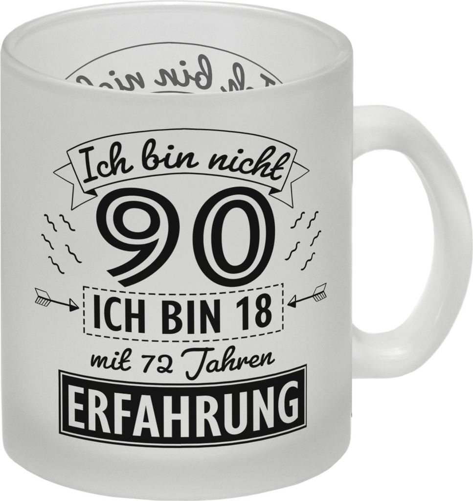 Witziger Glas Tasse für den 90. Geburtstag mit Motiv: Produktbild 