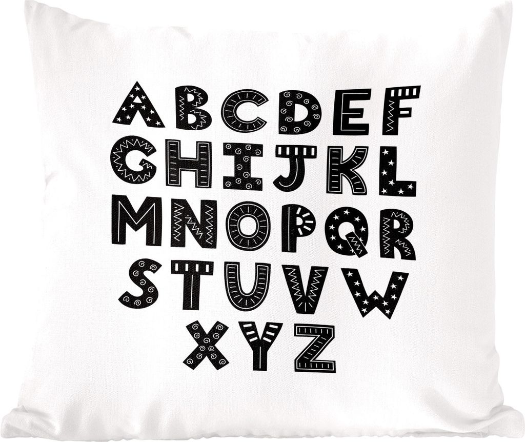 MuchoWow Zierkissen Sofakissen Wohnzimmer Dekokissen 60x60 cm Illustriertes Alphabet mit verzierten und schwarzen Buchstaben - Sitzfläche - Foto...