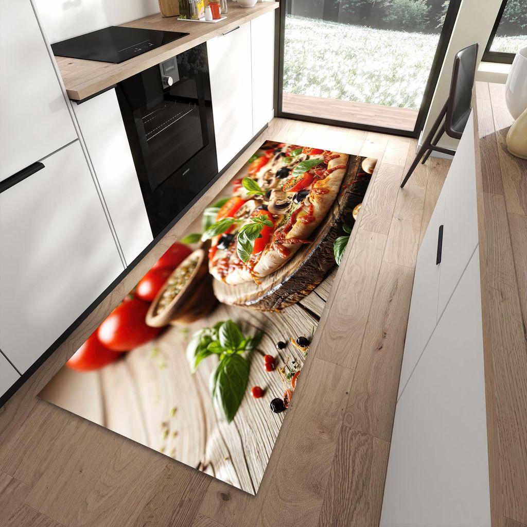 Küchenteppich 90x240cm rutschfest & abwischbar PVC Läufer - Pizza im Holzofen