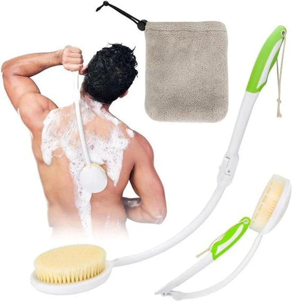 Brosse dos en acier 60 cm avec manche pliable et serviette exfoliante