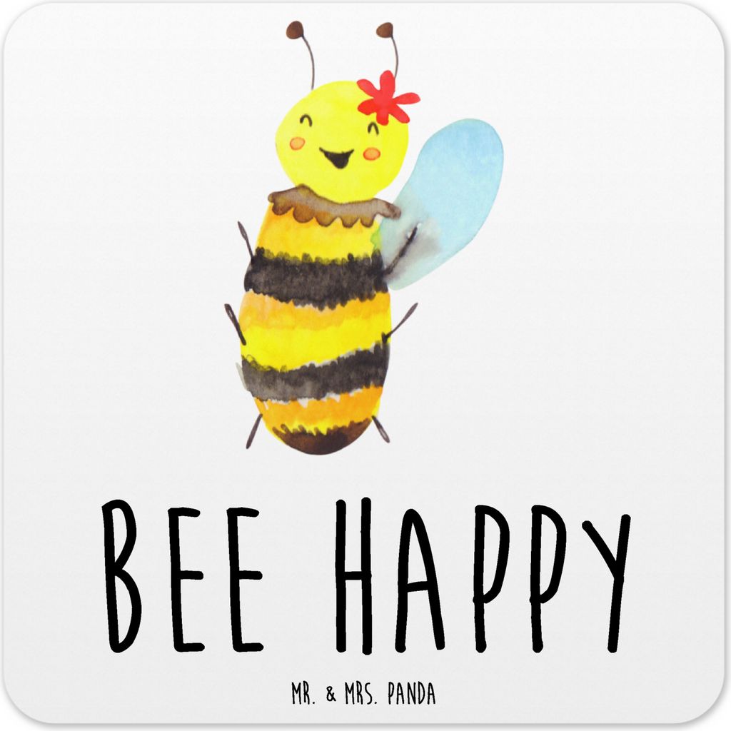 Mr. & Mrs. Panda Tischuntersetzer Biene Happy 10er Set - Weiß - Geschenk, Untersetzer Kunststoff, Glas-Untersetzer, für Gläser, Coaster, Design