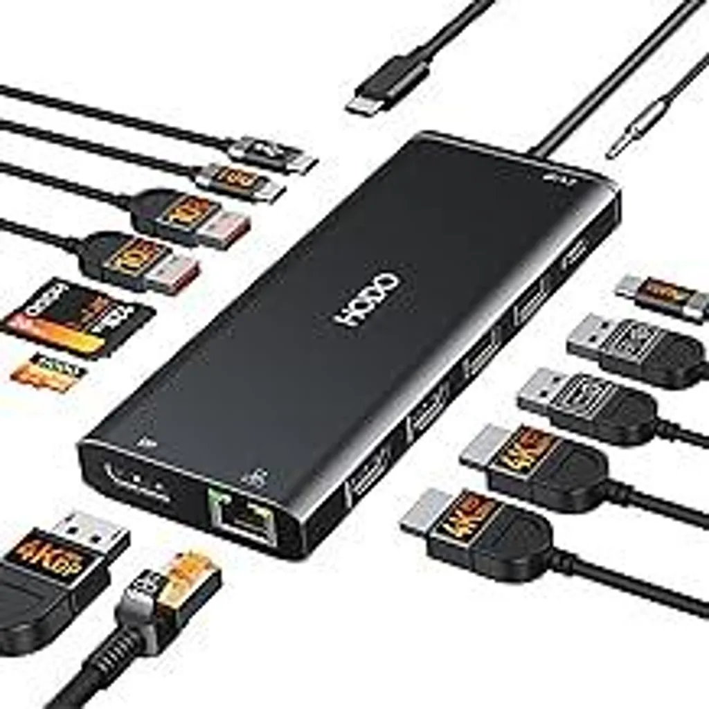 HODO Docking station per laptop 2 monitor, docking station tripla USB-C Hub 14 in 1 con doppia HDMI, DisplayPort, 10Gbps USB C/A, Ethernet, PD 100W, slot per schede SD TF per Dell/HP/Lenovo