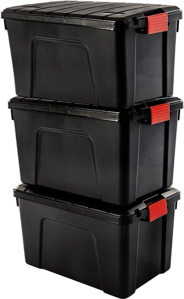 Schwarze 60L Plastikbox mit Deckel und Clipverschluss, stapelbar, ergonomisch