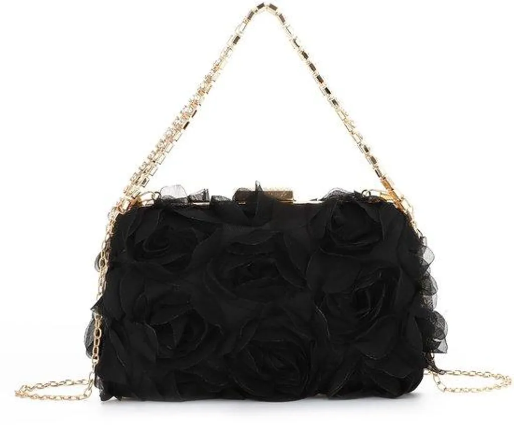 Sac à main fleuri pochette de cérémonie motif roses avec chaîne dorée