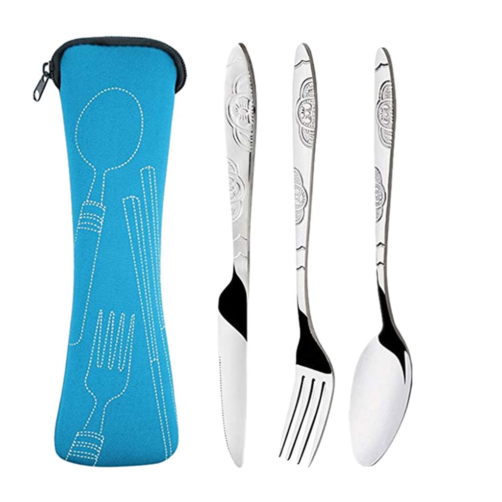 A set of stainless steel cutlery with a blue carrying case.