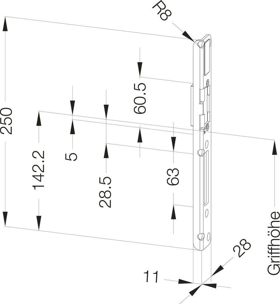 Winkelschließblech STV FL4/A13, 250 x 28 x 11 mm, rechts, silber