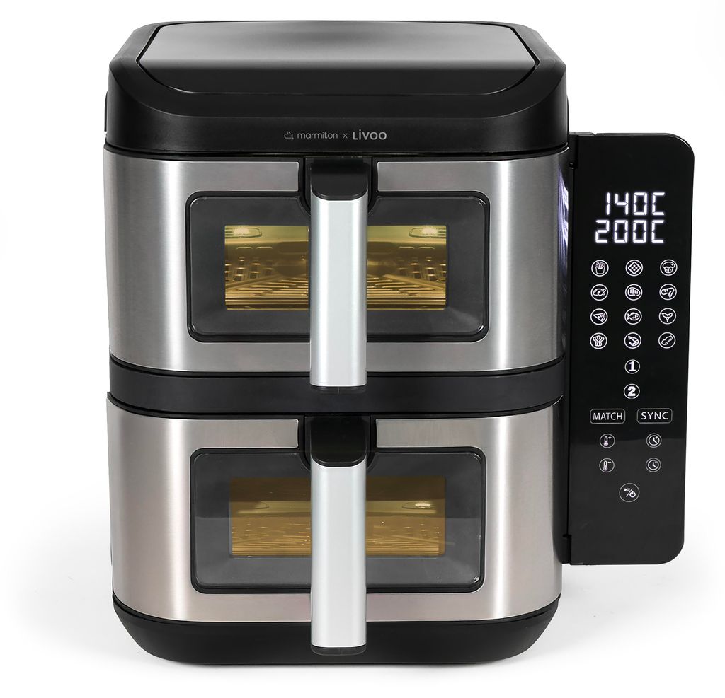 A stacked double air fryer with a digital control panel.