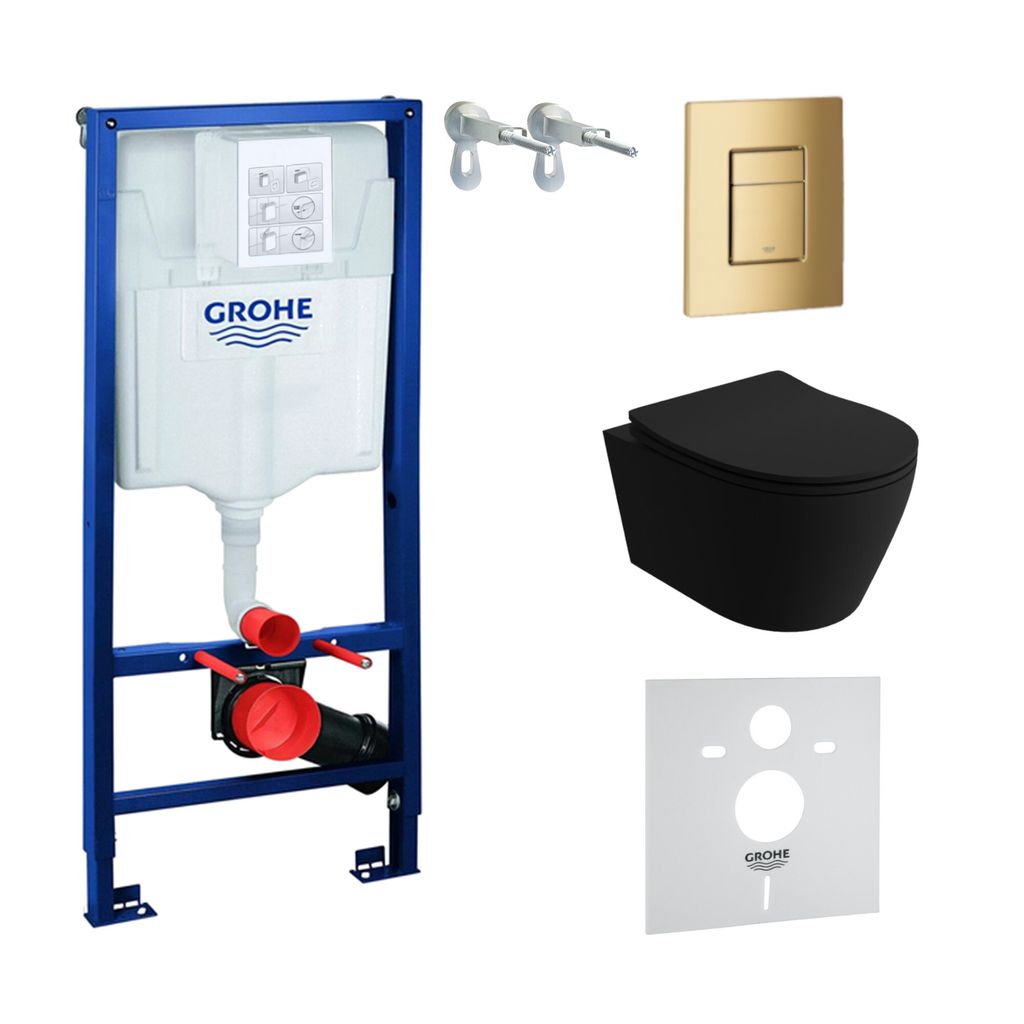 GROHE Vorwandelement Solido + Wand Hänge WC Praia Schwarz Spülrandlos + WC-Sitz SoftClose | Goldener Knopf | Komplettset | Unterputz Spülkasten ...