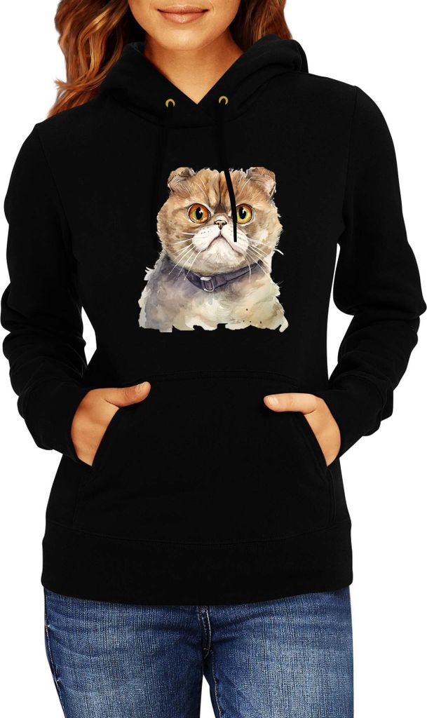 Damen Kapuzenpullover Funny Cats Breeds Foldex Cat, Lady L / Schwarz