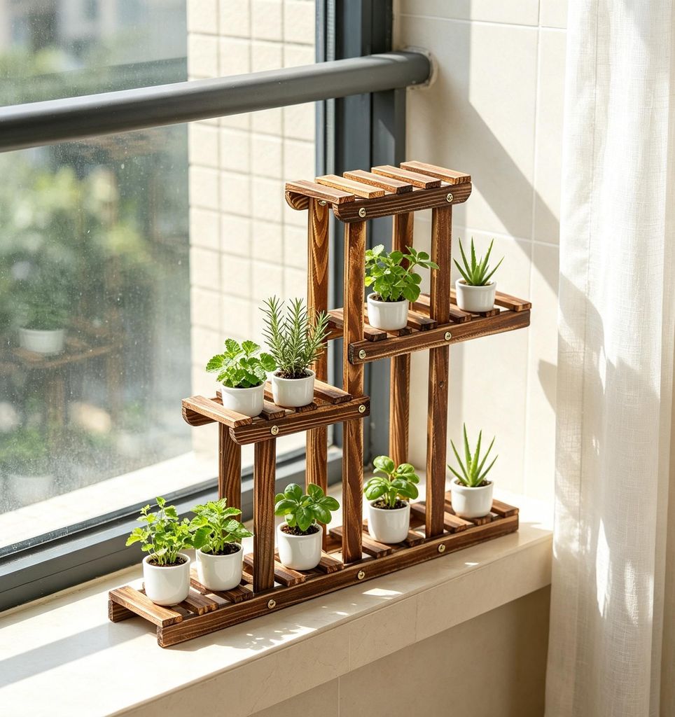 FATIVO, escalera de madera para plantas con 4 niveles, Imagen del producto 