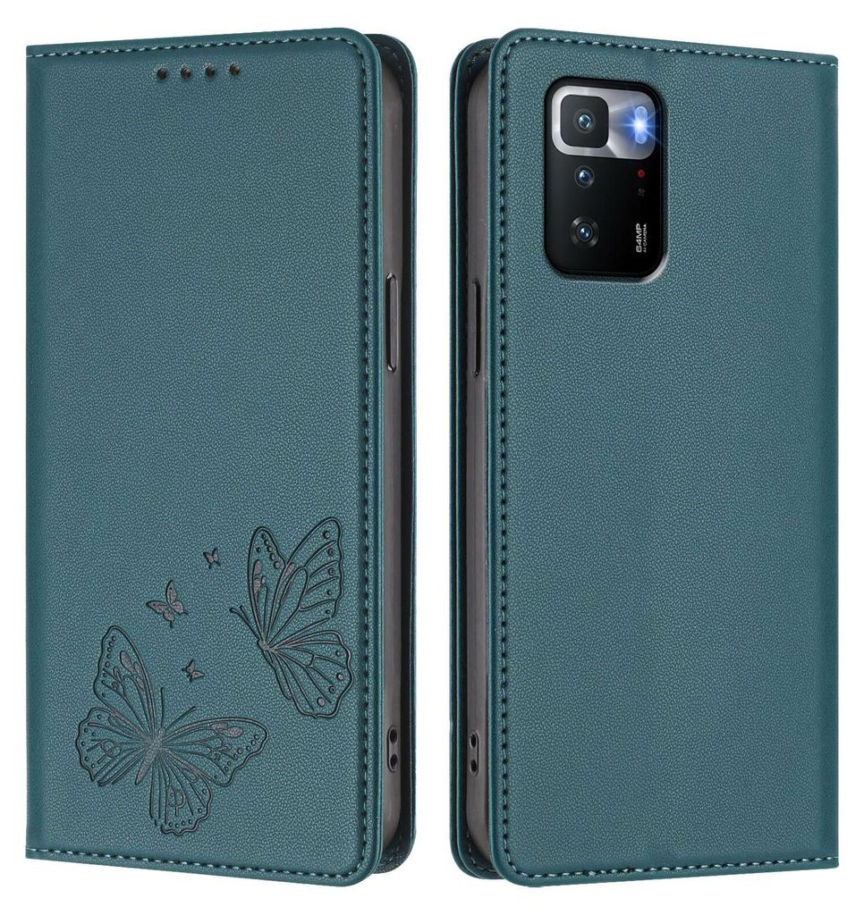Lederhülle für Xiaomi Poco X3 GT, Schmetterling Prägung Leder Brieftasche Schutzhülle mit Ständer Grün