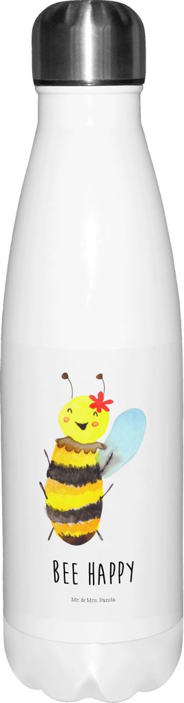 Mr. & Mrs. Panda Trinkflasche Biene Happy - Weiß - Geschenk, Wasserflasche, Hummel, thermosflaschen, Thermosflasche, trinkflaschen, Thermo-Trinkfl...