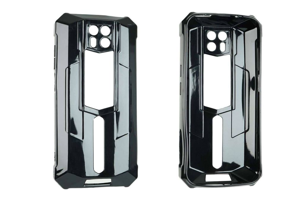 Two black phone cases are displayed side-by-side against a white background.