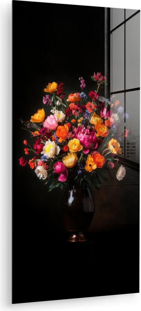 MuchoWow Glasbilder - Bilder auf Wandbild - Foto auf Glas Bunt - Blumenstrauß - Vase - Dunkelbraun 40x80 cm Wanddekoration aus Glas - Acrylglasbil...