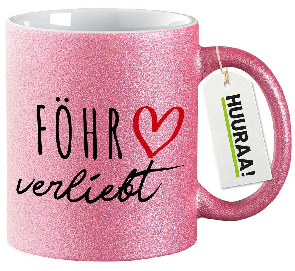 Huuraa Glitzertasse Föhr verliebt 330ml Pink Keramik Kaffeebecher Geschenkidee