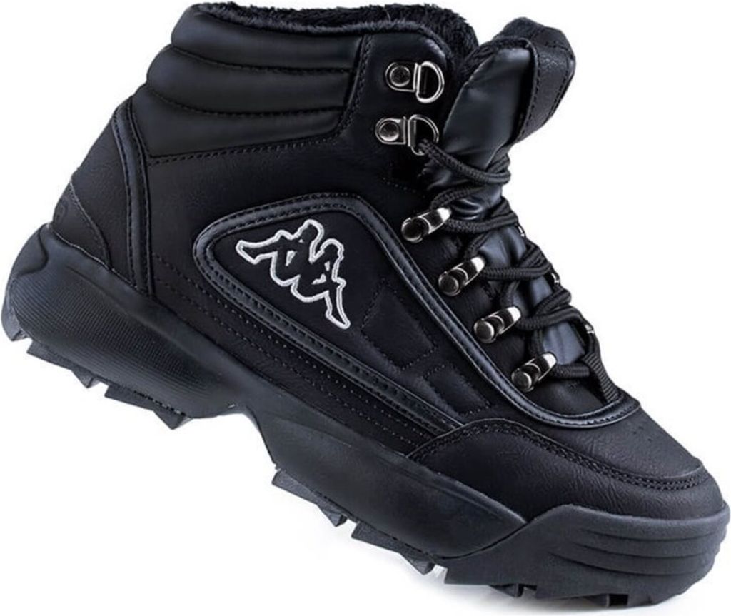 A single black high-top sneaker with laces and a thick sole, shown from a three-quarter angle against a white background.