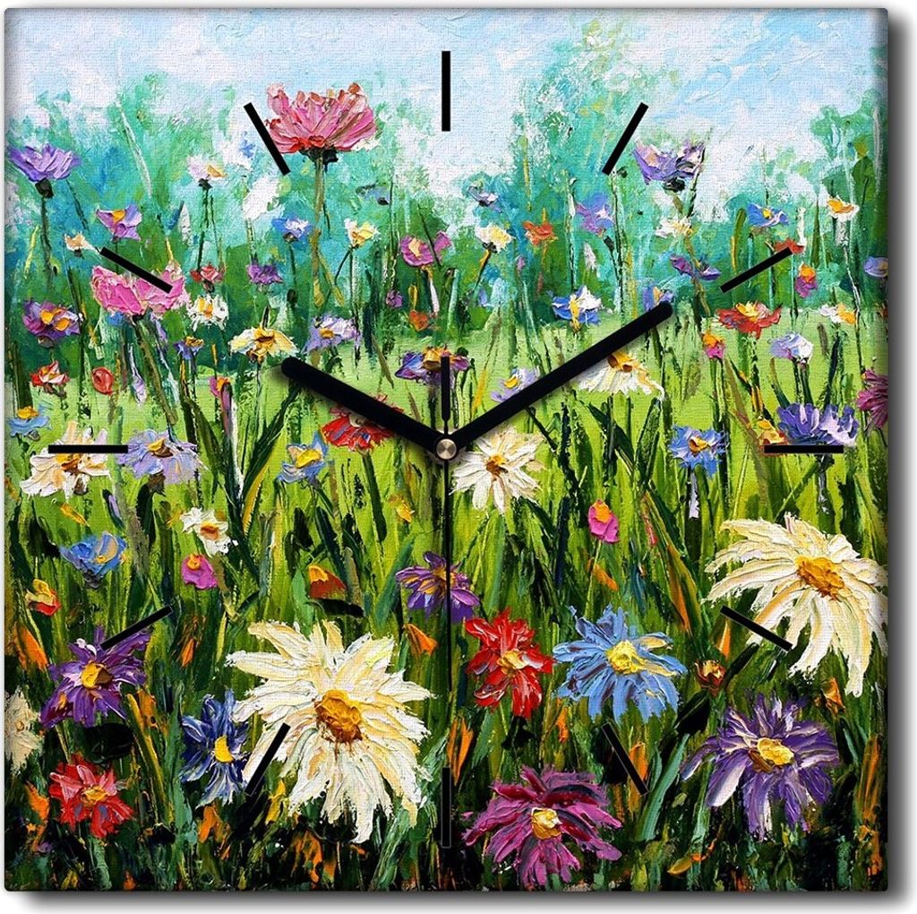Coloray Uhr auf Leinwand 30x30 cm Wand Uhr Dekoration Wohnzimmer Segeltuch schwarze Hände -Blumenwiesenfeld.