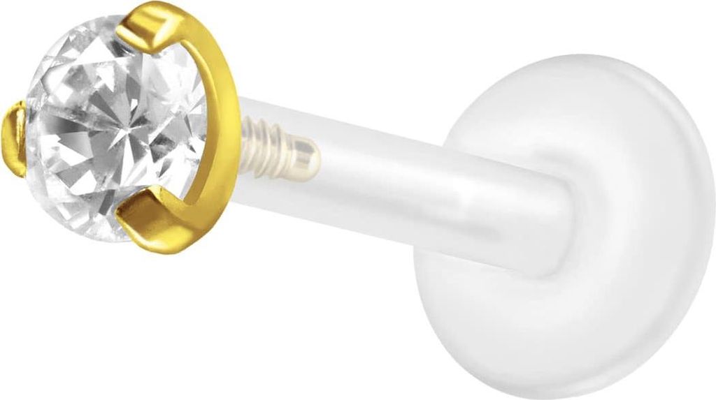 Ohrpiercing, Nasenpiercing PTFE Labret mit Innengewinde + Titan-Aufsatz EINGEFASSTER KRISTALL Gold Stablänge: 10mm | Stabstärke: 1,2mm | Kristall...