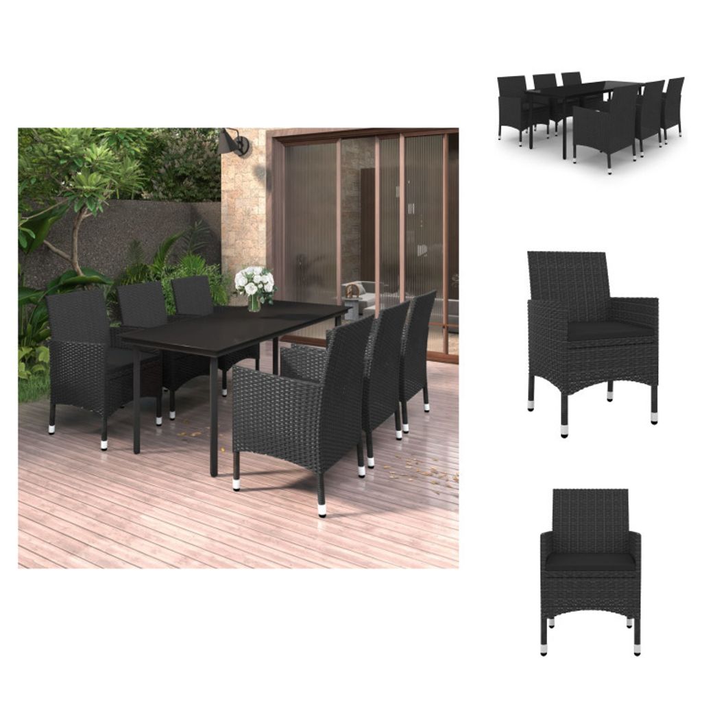vidaXL 7-tlg. Garten-Essgruppe mit Auflagen Poly Rattan und Glas - Gartenmöbel-Sets