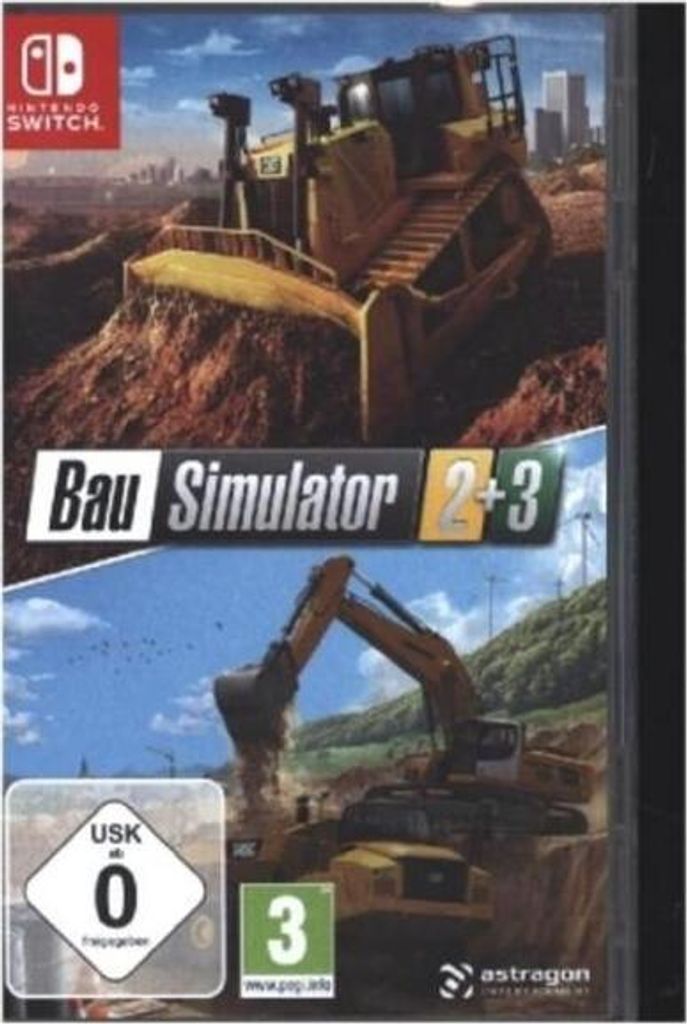 The image shows the front cover of a Nintendo Switch game case for "Bau Simulator 2+3". The cover features images of construction vehicles like a bulldozer and an excavator.