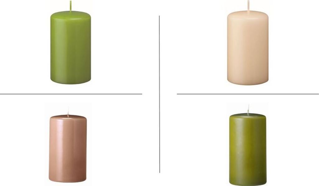 Stumpenkerzen Farbsystem E in der Größe 100/60 mm (H x D), 16 Stück (je 4 Kerzen in der Farbe vanilla - nougat - limonengrün - scottish green)