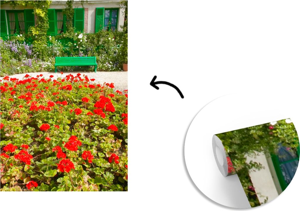 MuchoWow Fototapete für Wohnzimmer oder Schlafzimmer Wandtapete Vinyl Motivtapete Bank mit Blumen im französischen Garten von Monet in Europa -...
