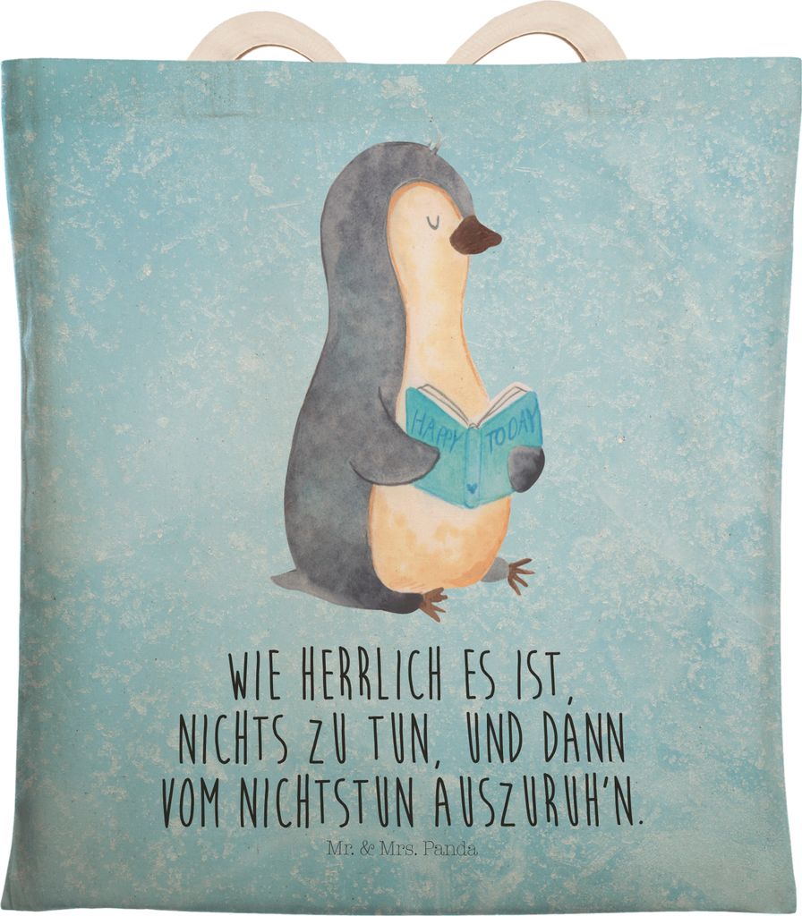 Mr. & Mrs. Panda taschen shopper Pinguin Buch - Eisblau - Geschenk, Tote Bag, Tragetasche Bedruckt, Stoffbeutel, Einkaufstasche, Urlaub, Beutel, Ta...