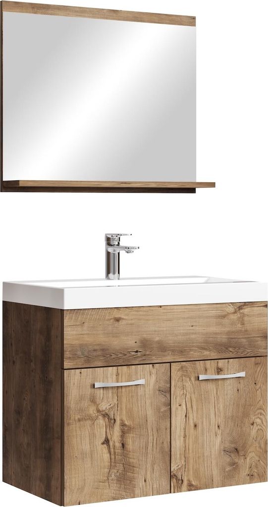 Badplaats Badmöbel Komplettset Montreal 02 60 x 35 cm Braun Eiche - Badezimmermöbel mit Waschbecken und Spiegel