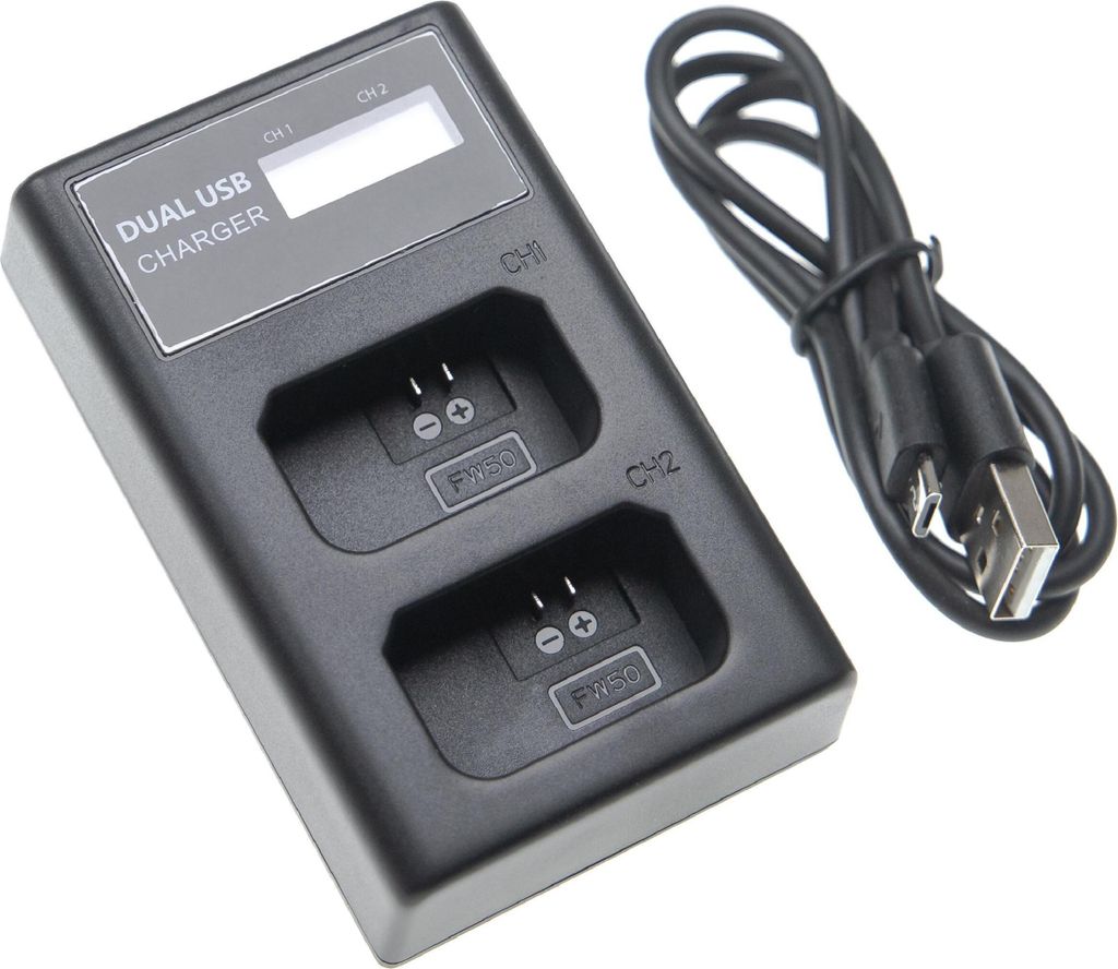vhbw Dual USB Ladegerät kompatibel mit Sony ZV-E10 Kamera/Akku - Ladeschale + Micro-USB-Kabel mit Display, 8,4 V