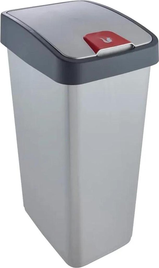 A silver and gray trash can with a red button on the lid, shown against a white background.