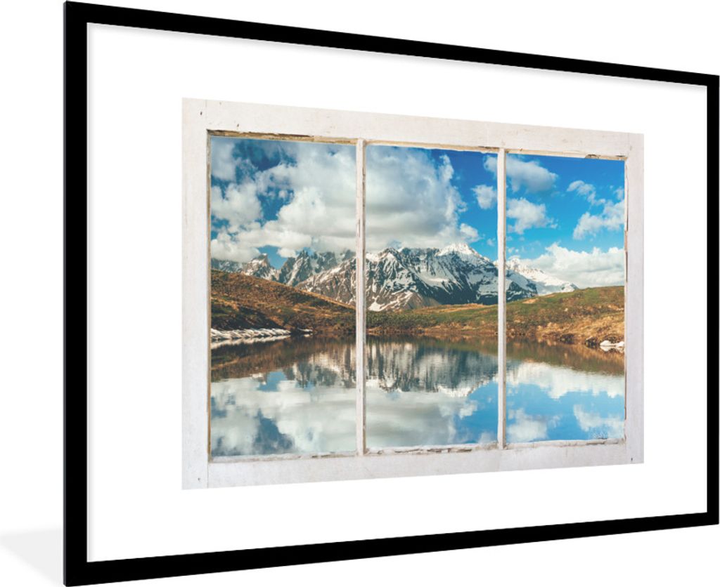 MuchoWow Gerahmtes Poster Aussicht - Berge - Wasser 90x60 cm - Poster mit Schwarzem Bilderrahmen Wandposter Rahmen Foto Bilder - Wanddekoration -...