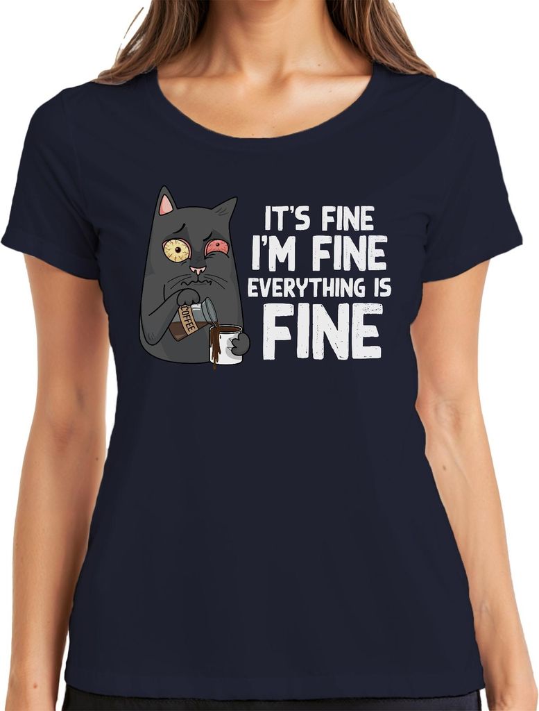 Lustige Katze Kaffee Spruch Im Fine Morgenmuffel Humor Stress Damen T-Shirt, Navy, S