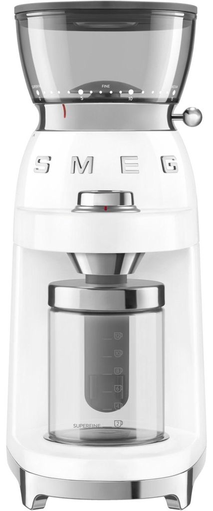 Smeg Elektrische Kaffeemühle CGF03WHEU im 50er-Jahre-Stil, konische Mahlwerke aus Edelstahl, 15 Mahlstufen, 240 g, 150 W, Weiß