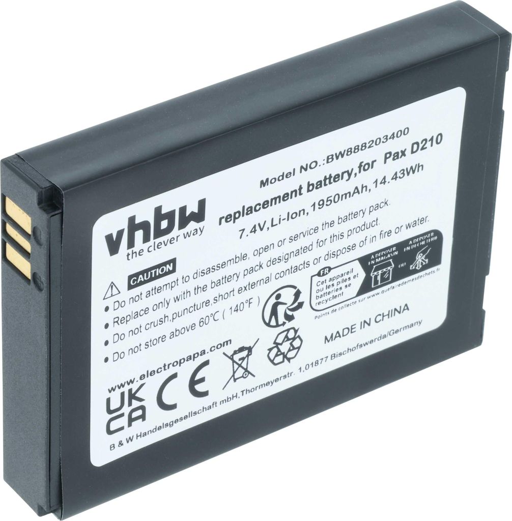 vhbw Akku Ersatz für Pax IS524, IS133 für Barcodescanner POS (1750 mAh, 7,4 V, Li-Ion)