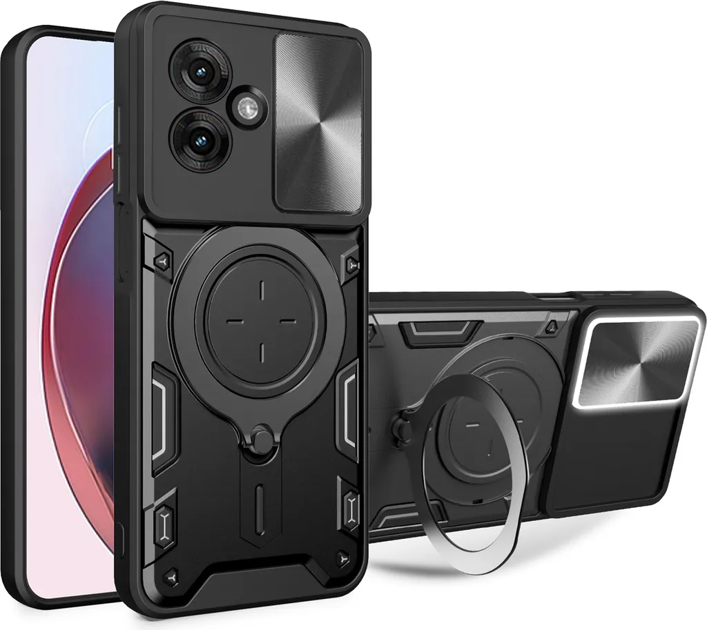 Cover Militare Moto G55 con Anello e Protezione Obiettivo Scorrevole