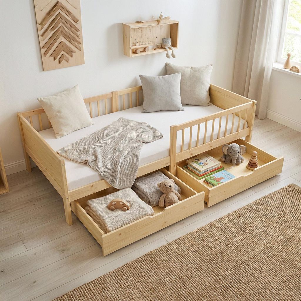 Homestyle4u Kinderbett 90x200 Holzbett mit Rausfallschutz 2 Produktbild 