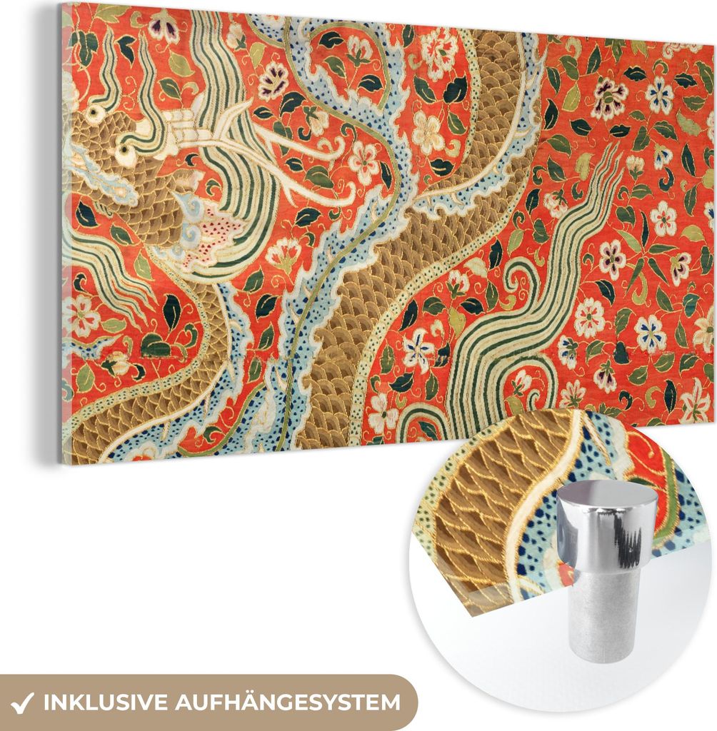 MuchoWow Glasbilder - Bilder auf Wandbild - Foto auf Glas Vintage - Drache - Blumen - Orange 120x60 cm Wanddekoration aus Glas - Acrylglasbild - Ac...