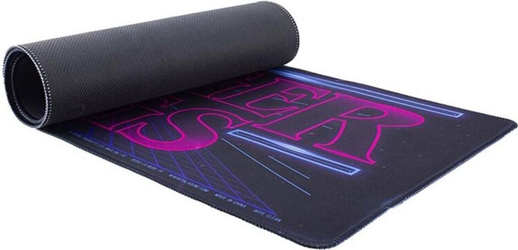 A mousepad with a Stranger Things arcade design, partially unrolled.