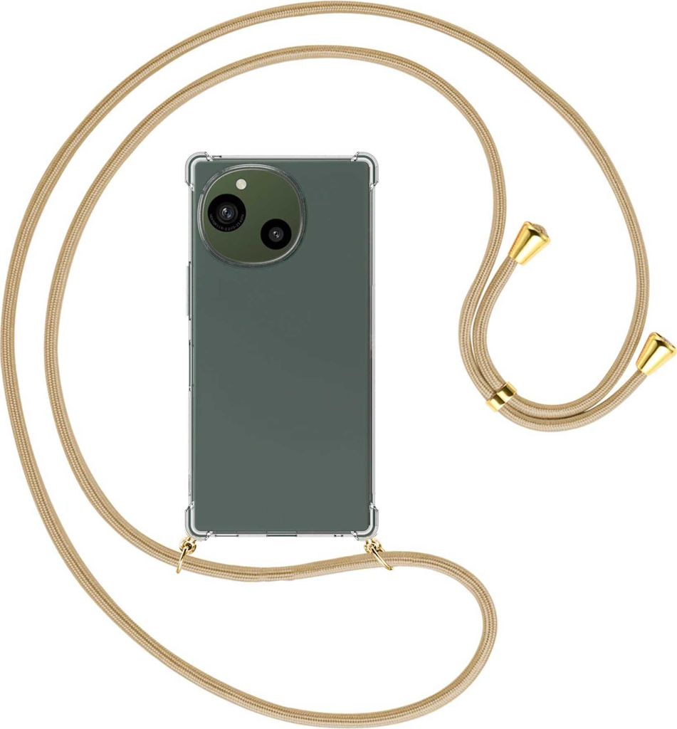 Handykette Backcover-Schutzhülle mit Band (Metall goldfarben) für Sharp Aquos R9 - caramel