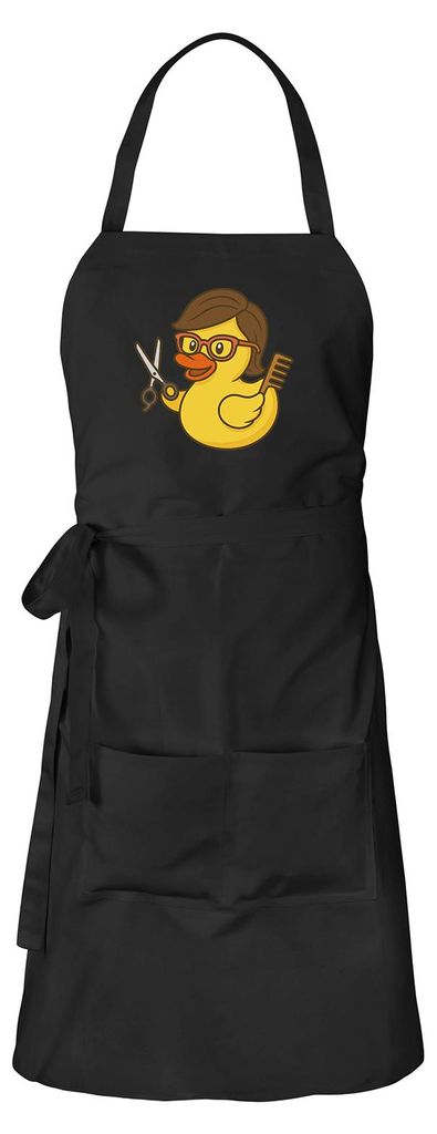 Huuraa Schürze Quietscheente Friseurin Comic Gummiente Schwarz mit Taschen Baumwolle Kochschürze Geschenkidee