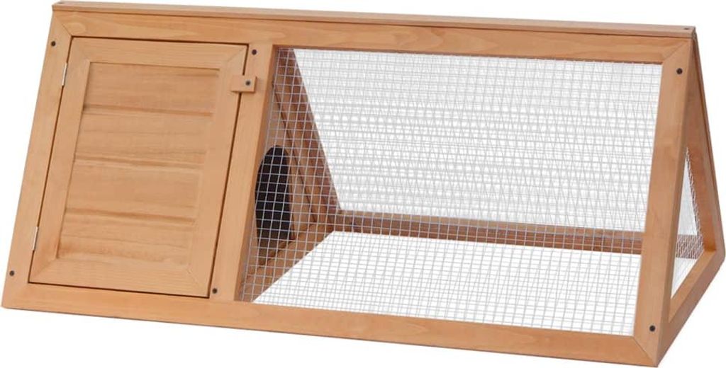 A wooden animal hutch with a wire mesh front and a solid wooden door.