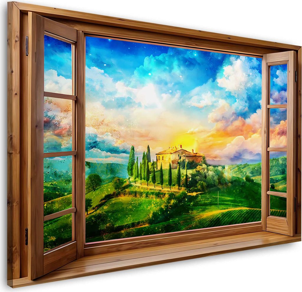 Fensterblick auf die Toskana Italien mit Sonnenuntergang und Villa Wanddeko: 120x80x4cm