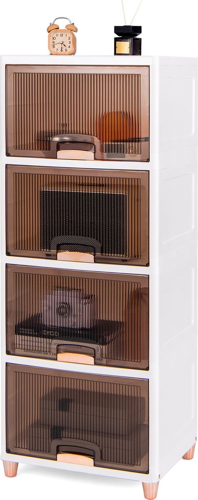 COSTWAY Aufbewahrungsbox 150 L, 4er Set Kunststoffbox stapelbare Vorratsbehälter mit magnetischen Türen und Holzbeine, 45 x 38 x 117 cm weiß