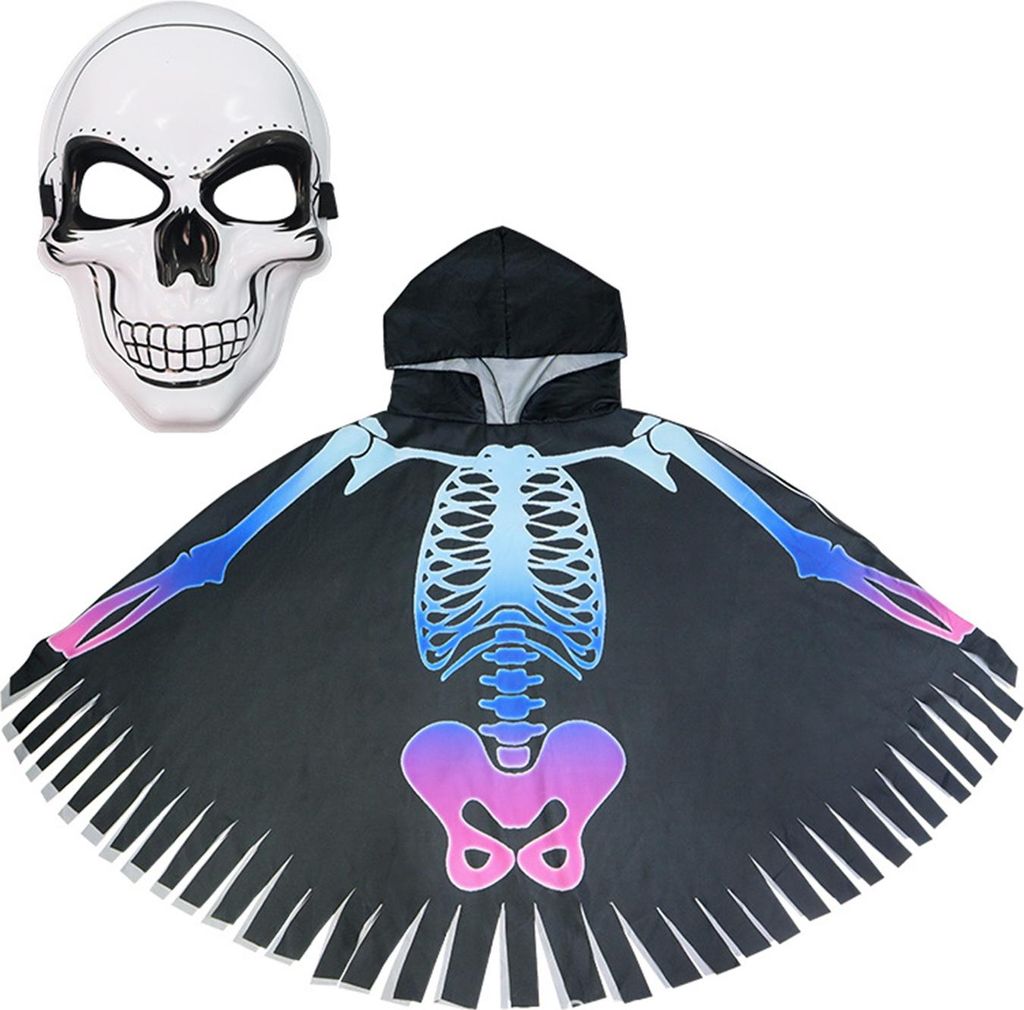 Halloween-Skelett-Poncho mit Kapuze, Skelett-Umhang, Halloween-Party-Kostüm, Cosplay-Outfit für Kinder und Erwachsene
