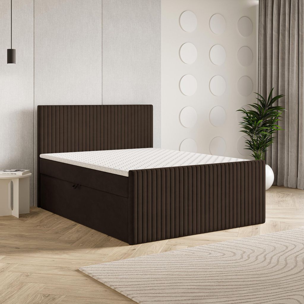 Masseno Boxspringbett TERVAN 160x200 cm Komplett-Set mit Bonell Matratze und Topper, Polsterbett mit Bettkästen -Braun, KRONOS 06