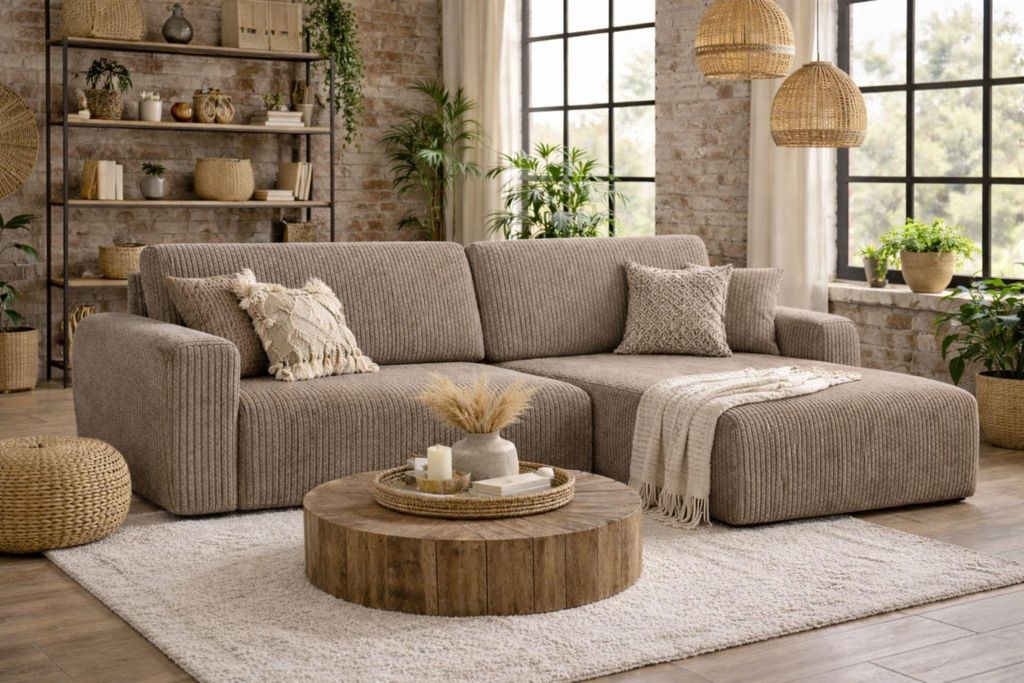 Kaiser Möbel Ecksofa mit Schlaffunktion und Bettkasten, Ariel L-Form moderne Cord Sofa, Stoff Poso, Dunkelbeige, Rechts