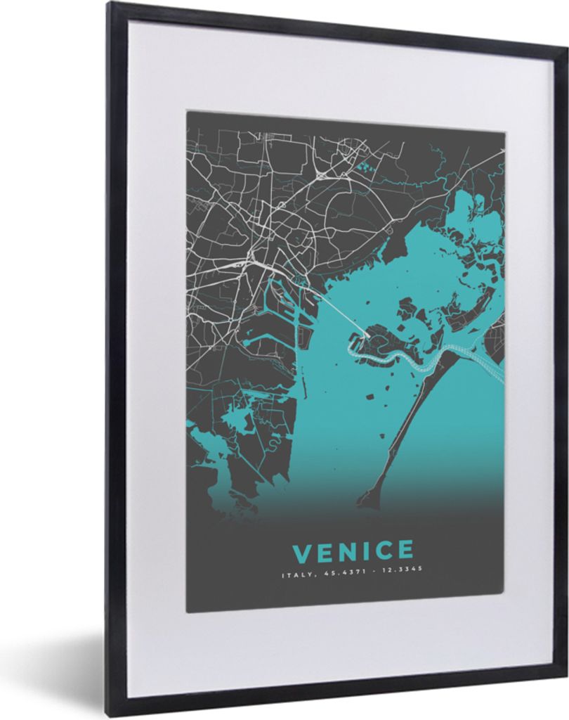 MuchoWow Gerahmtes Poster Venedig - Stadtplan - Karte - Blau 30x40 cm - Poster mit Schwarzem Bilderrahmen Wandposter Rahmen Foto Bilder - Wandpos...
