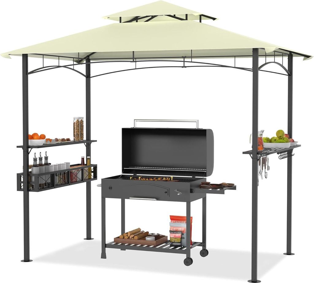 YUENFONG Gartenlauben Grill Pavillon Grillpavillon Partyzelt Doppelstöckige Schutzabdeckung Grillzelt mit Regalen und Ablagekörben für Party, Ma...